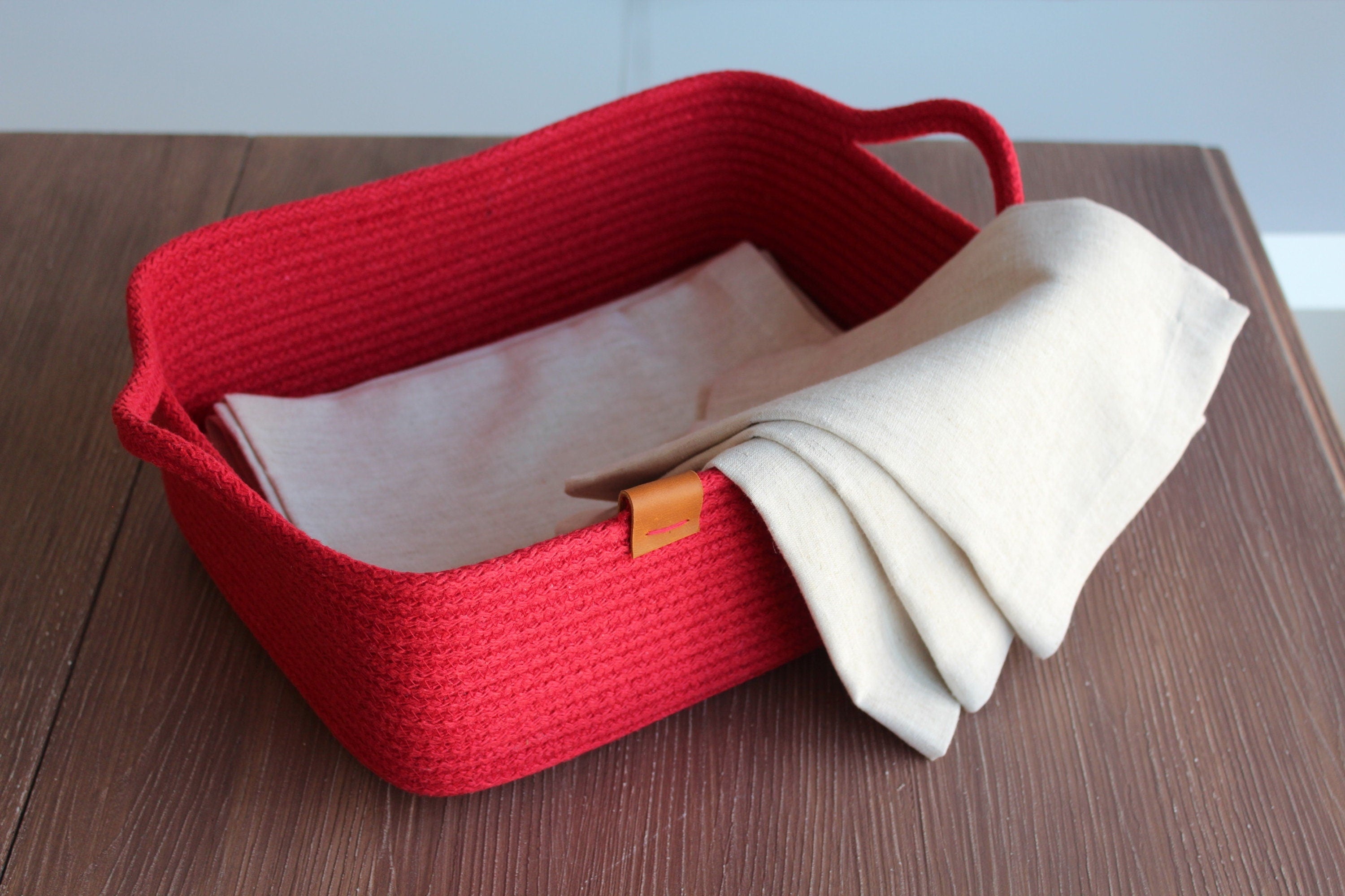 Red Cotton Rope Basket with Handle, Organic Cotton Cord Basket with Handle, Cotton Woven Towel Basket, Handmade Basket with Handle