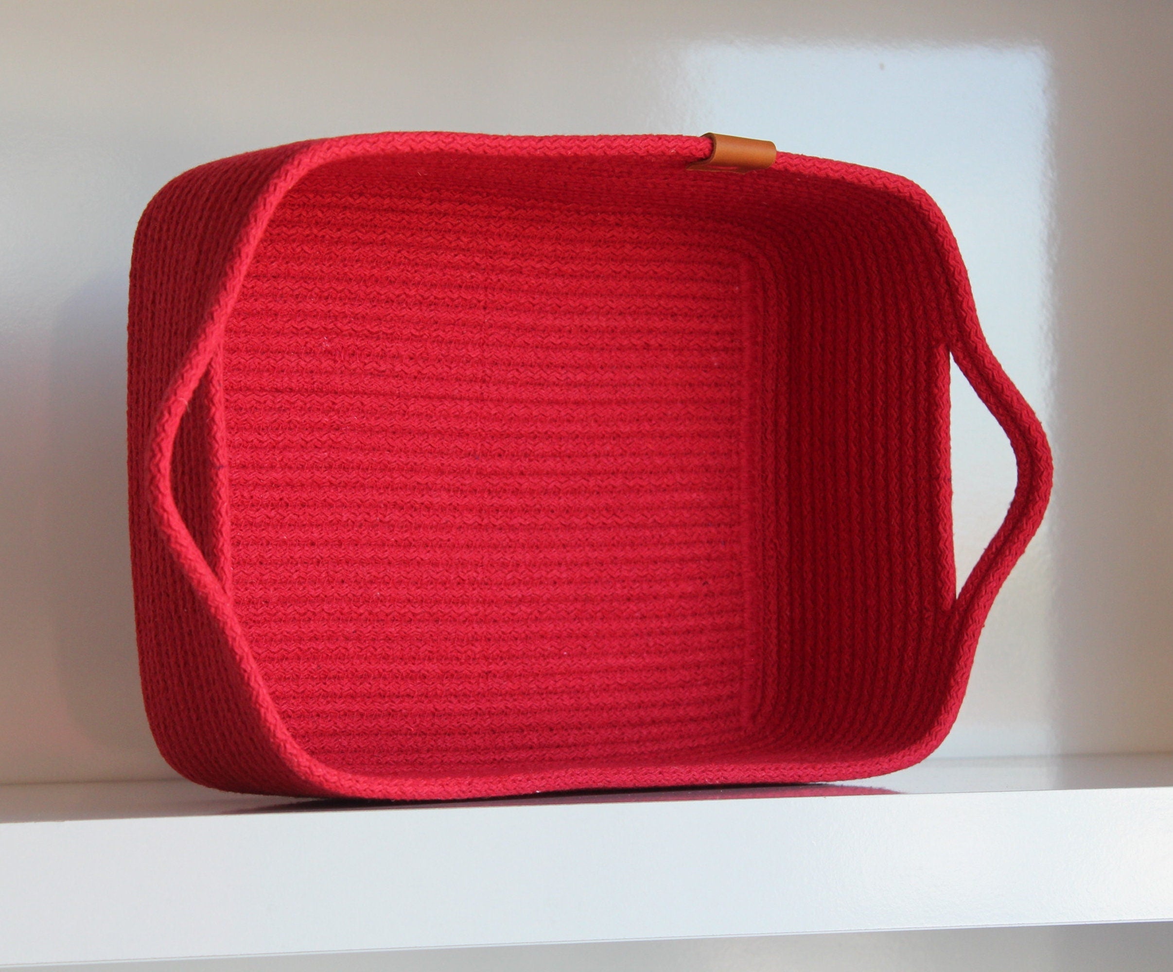 Red Cotton Rope Basket with Handle, Organic Cotton Cord Basket with Handle, Cotton Woven Towel Basket, Handmade Basket with Handle